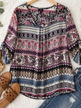Boho Paisley Blouse Size 44 Cold Shoulder Top